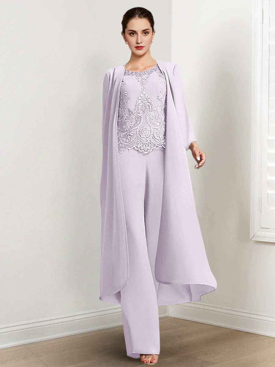 Floor Length Chiffon Pantsuit For Mother Of The Bride With Jacket And Applique