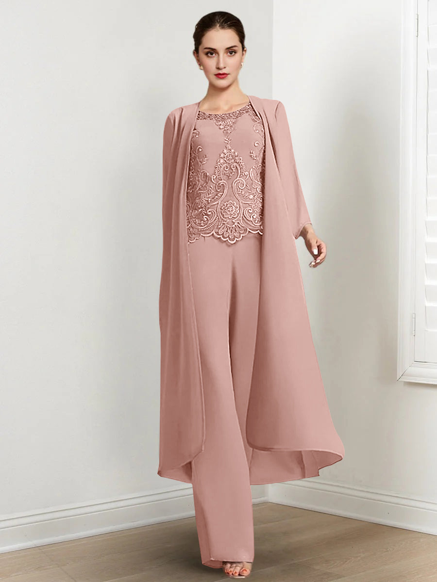 Floor Length Chiffon Pantsuit For Mother Of The Bride With Jacket And Applique