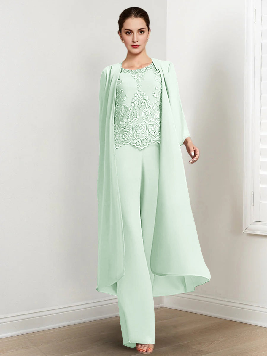Floor Length Chiffon Pantsuit For Mother Of The Bride With Jacket And Applique