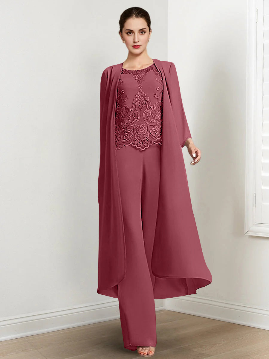 Floor Length Chiffon Pantsuit For Mother Of The Bride With Jacket And Applique