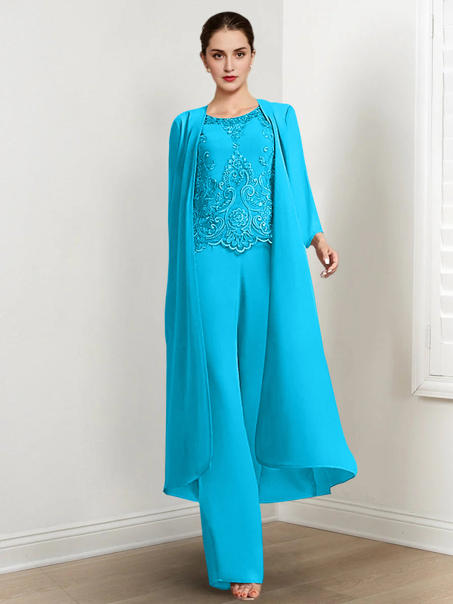 Floor Length Chiffon Pantsuit For Mother Of The Bride With Jacket And Applique
