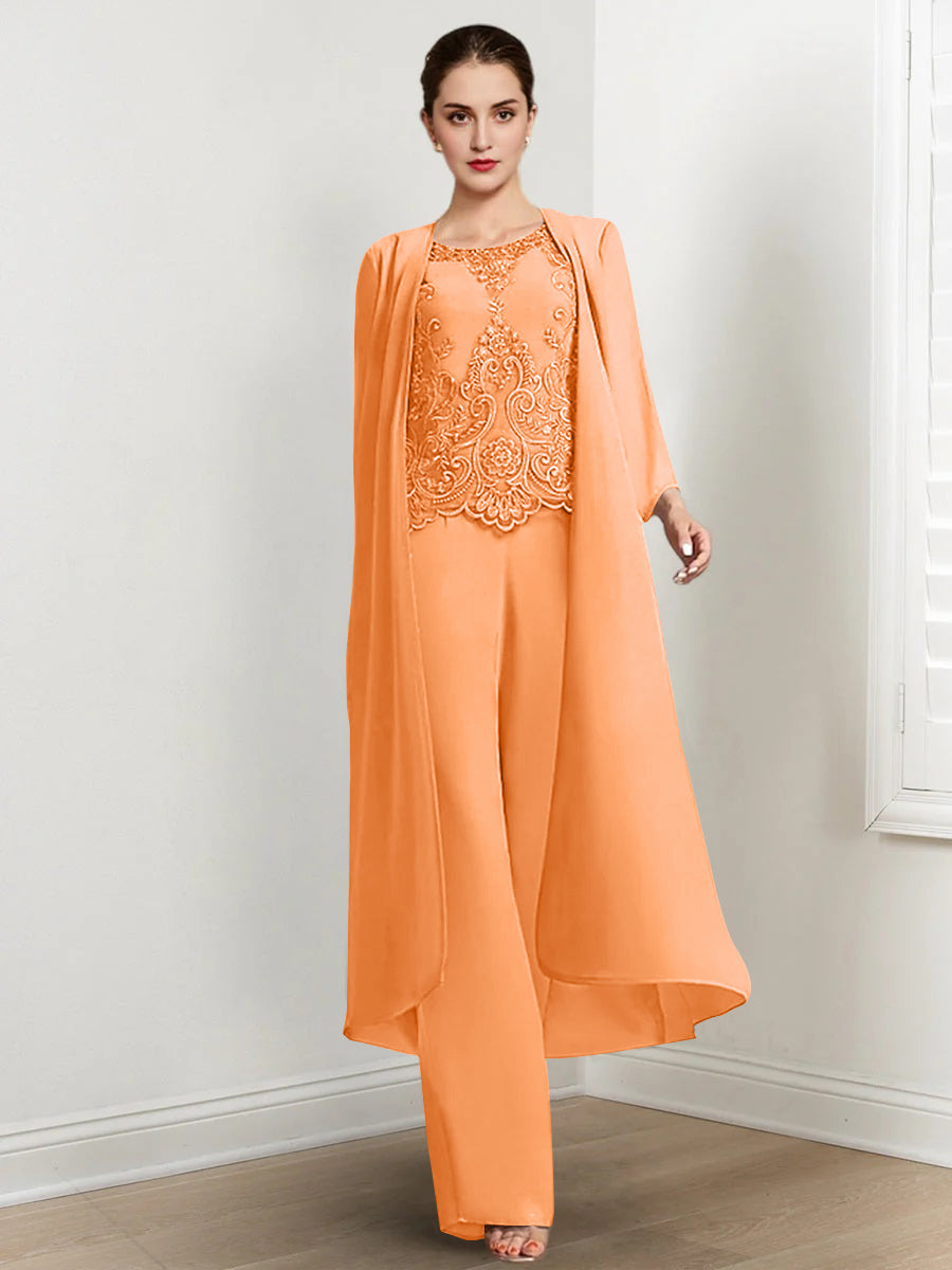 Floor Length Chiffon Pantsuit For Mother Of The Bride With Jacket And Applique