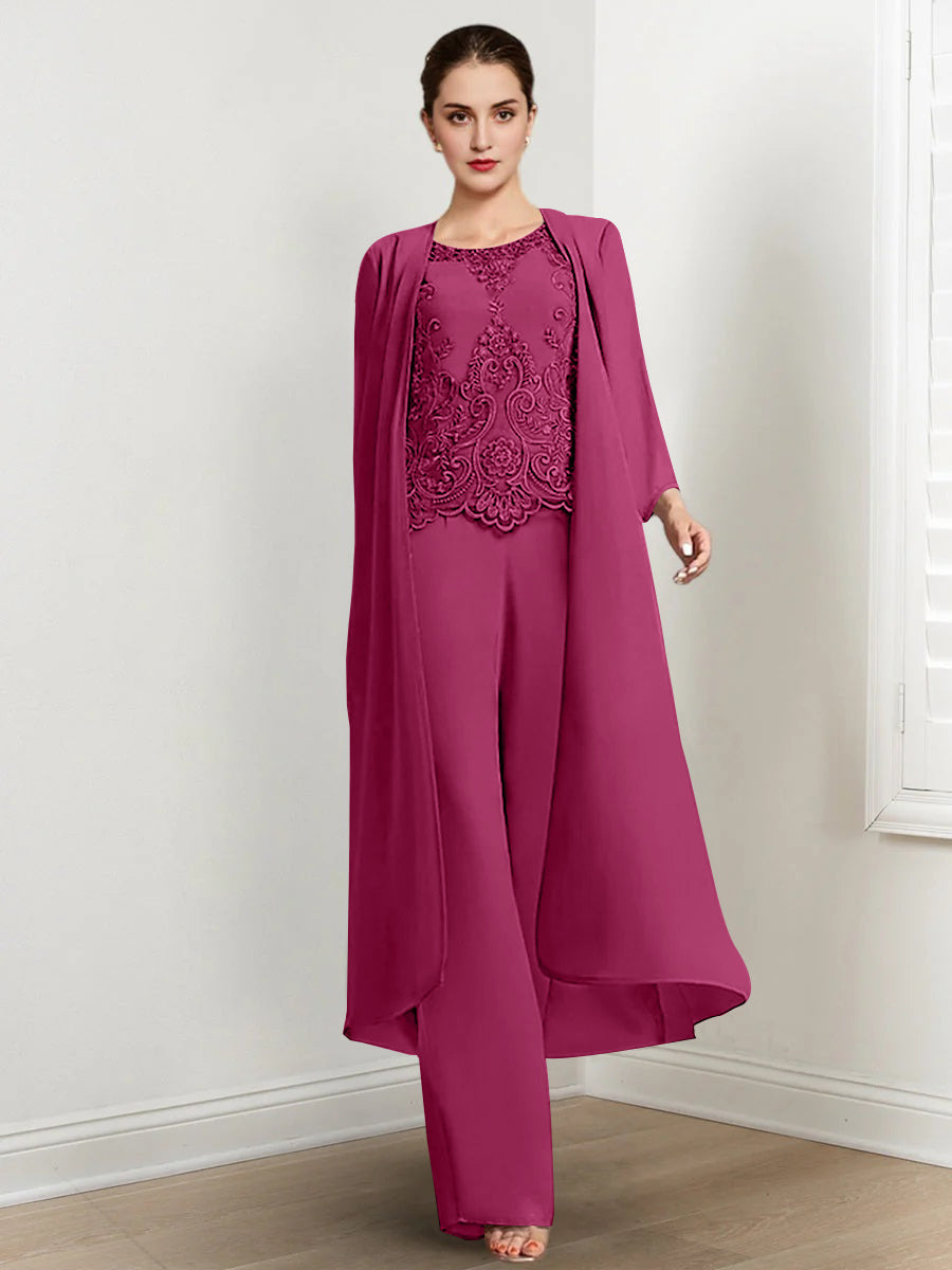 Floor Length Chiffon Pantsuit For Mother Of The Bride With Jacket And Applique