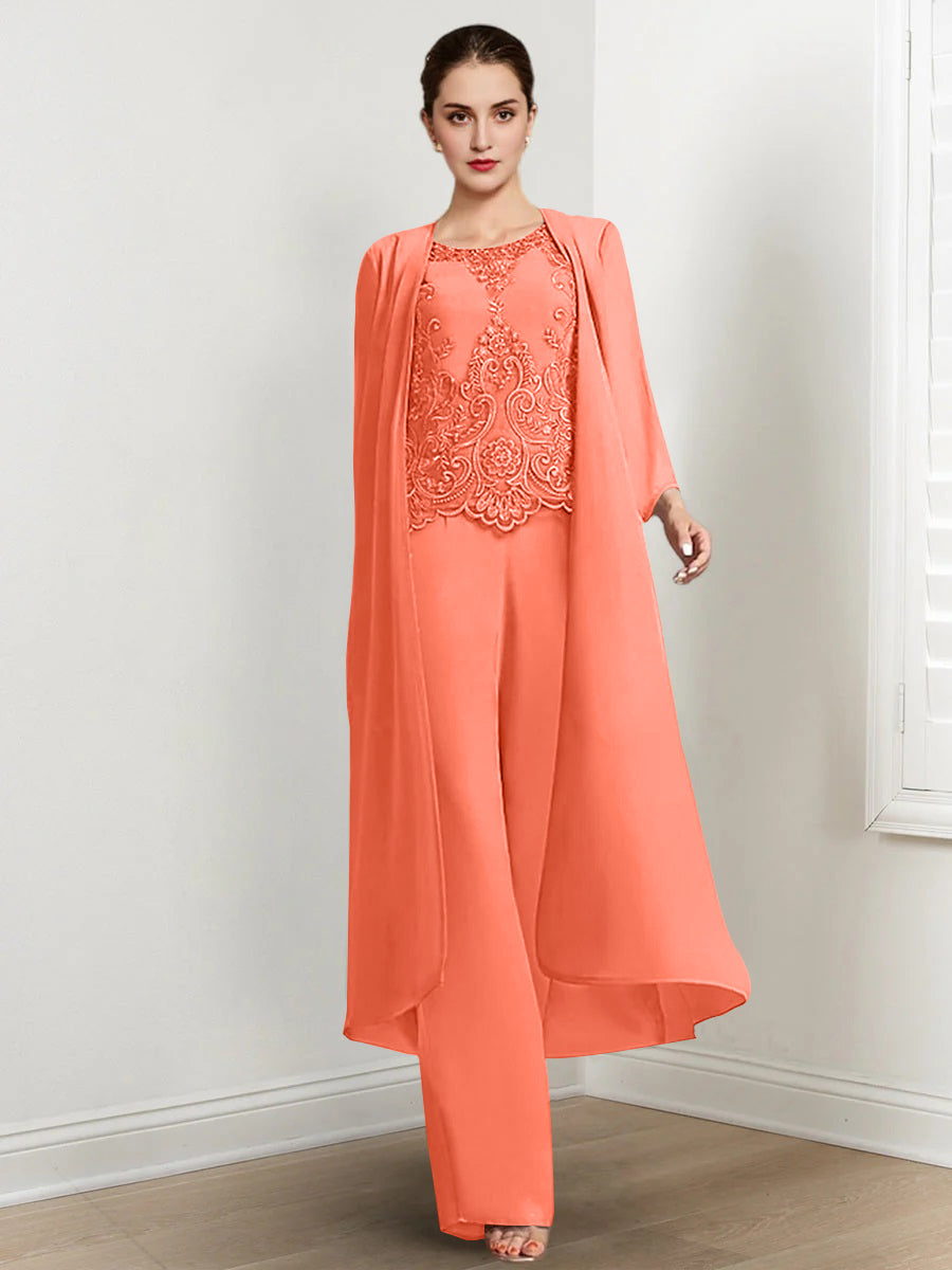 Floor Length Chiffon Pantsuit For Mother Of The Bride With Jacket And Applique