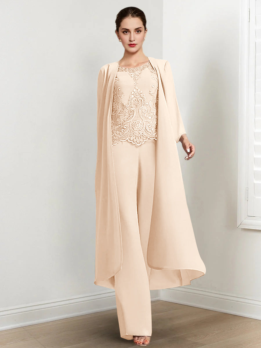 Floor Length Chiffon Pantsuit For Mother Of The Bride With Jacket And Applique