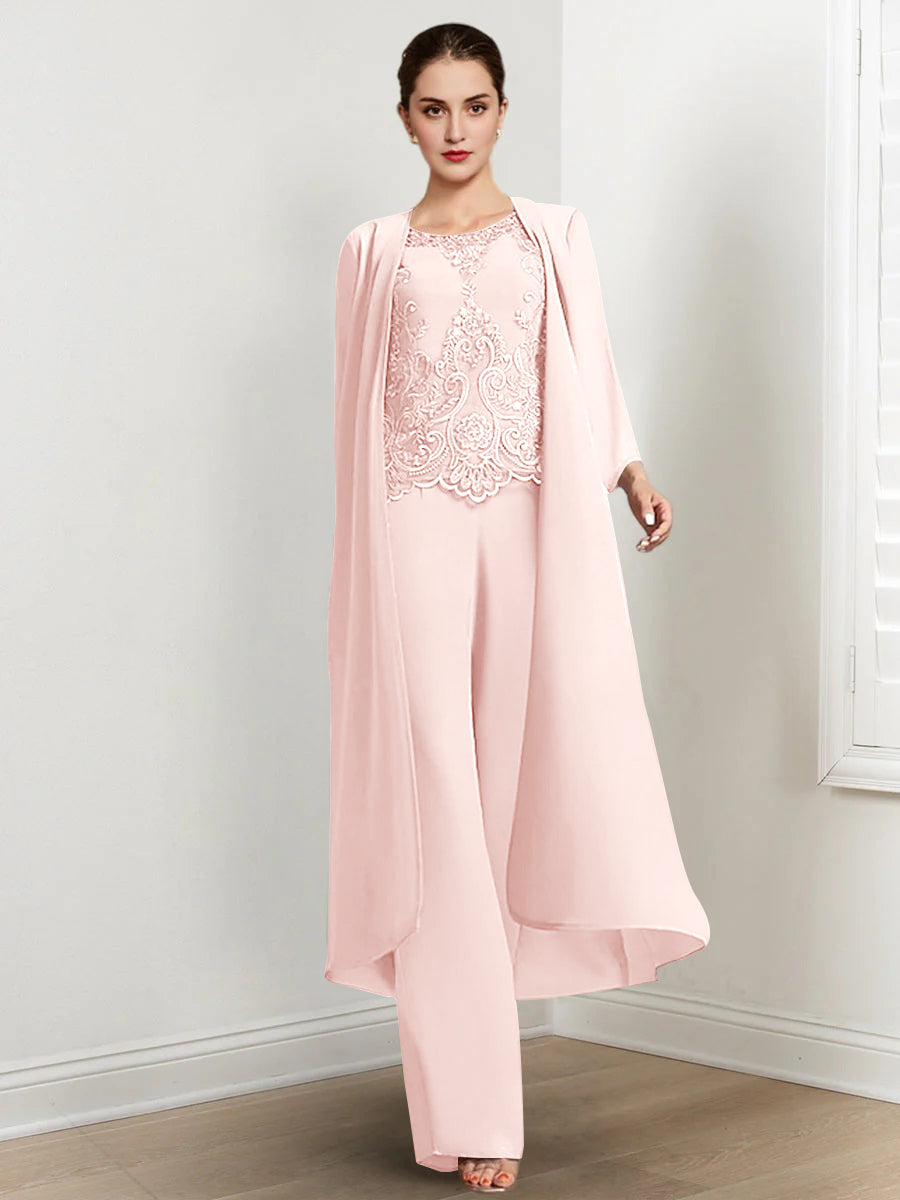 Floor Length Chiffon Pantsuit For Mother Of The Bride With Jacket And Applique