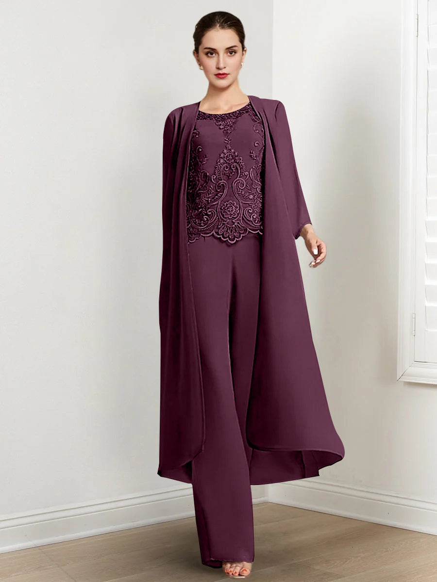 Floor Length Chiffon Pantsuit For Mother Of The Bride With Jacket And Applique