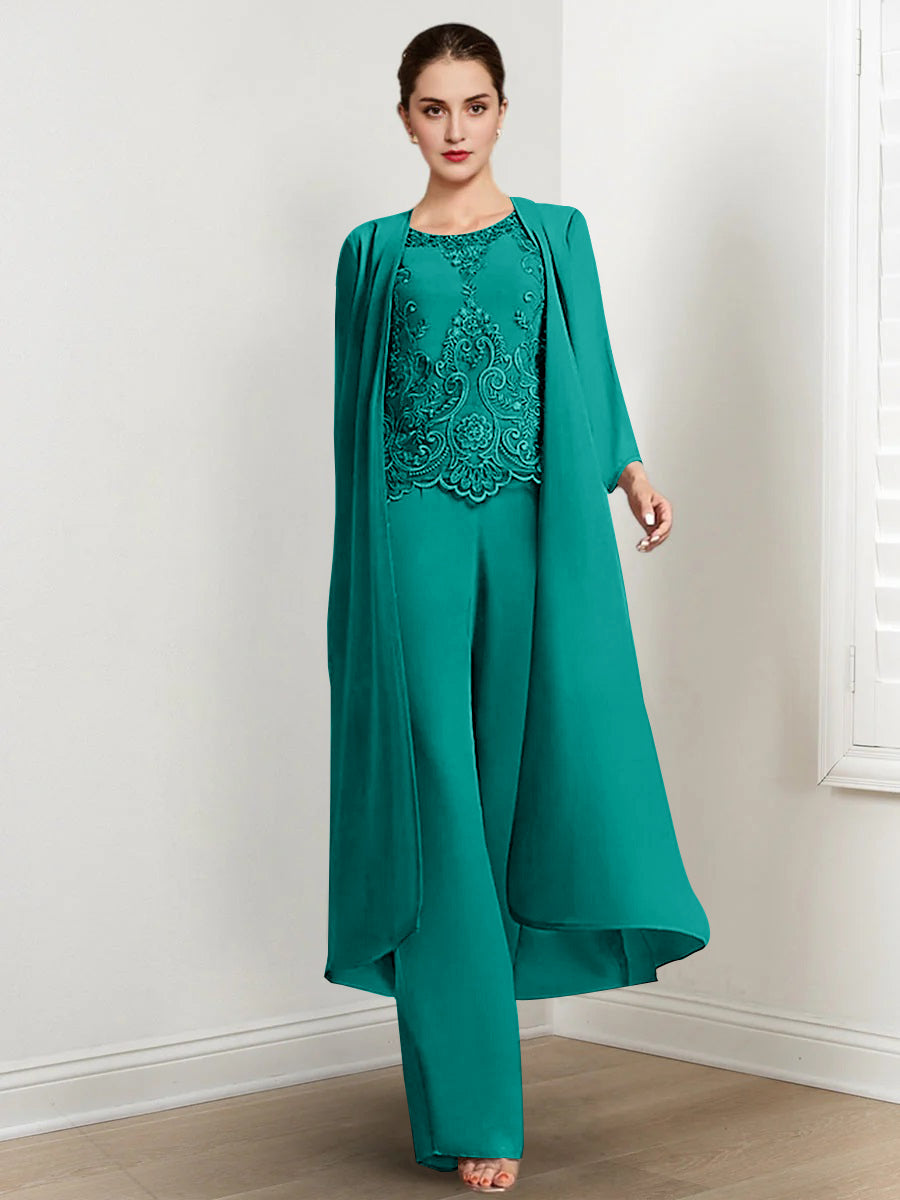 Floor Length Chiffon Pantsuit For Mother Of The Bride With Jacket And Applique
