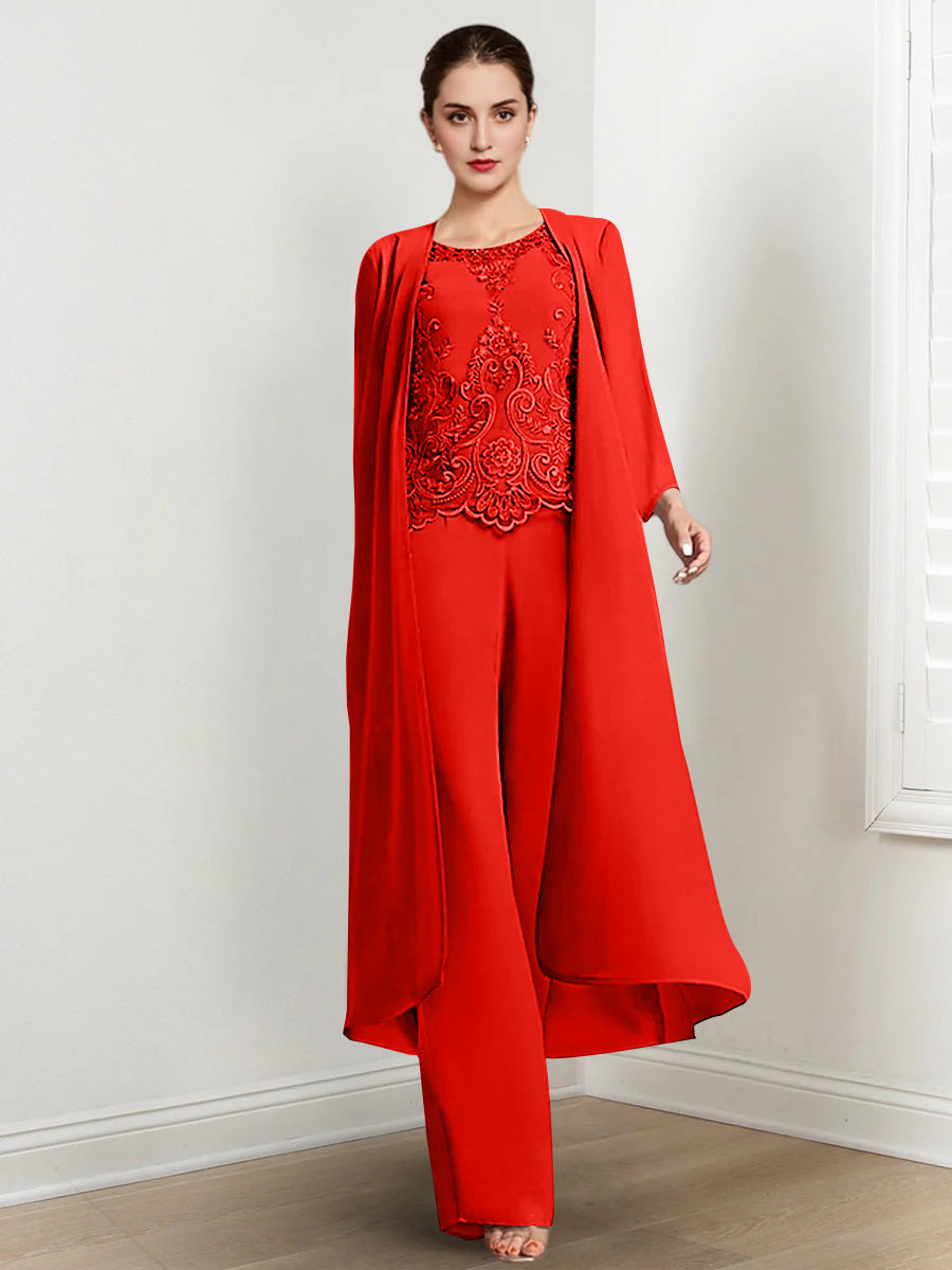 Floor Length Chiffon Pantsuit For Mother Of The Bride With Jacket And Applique