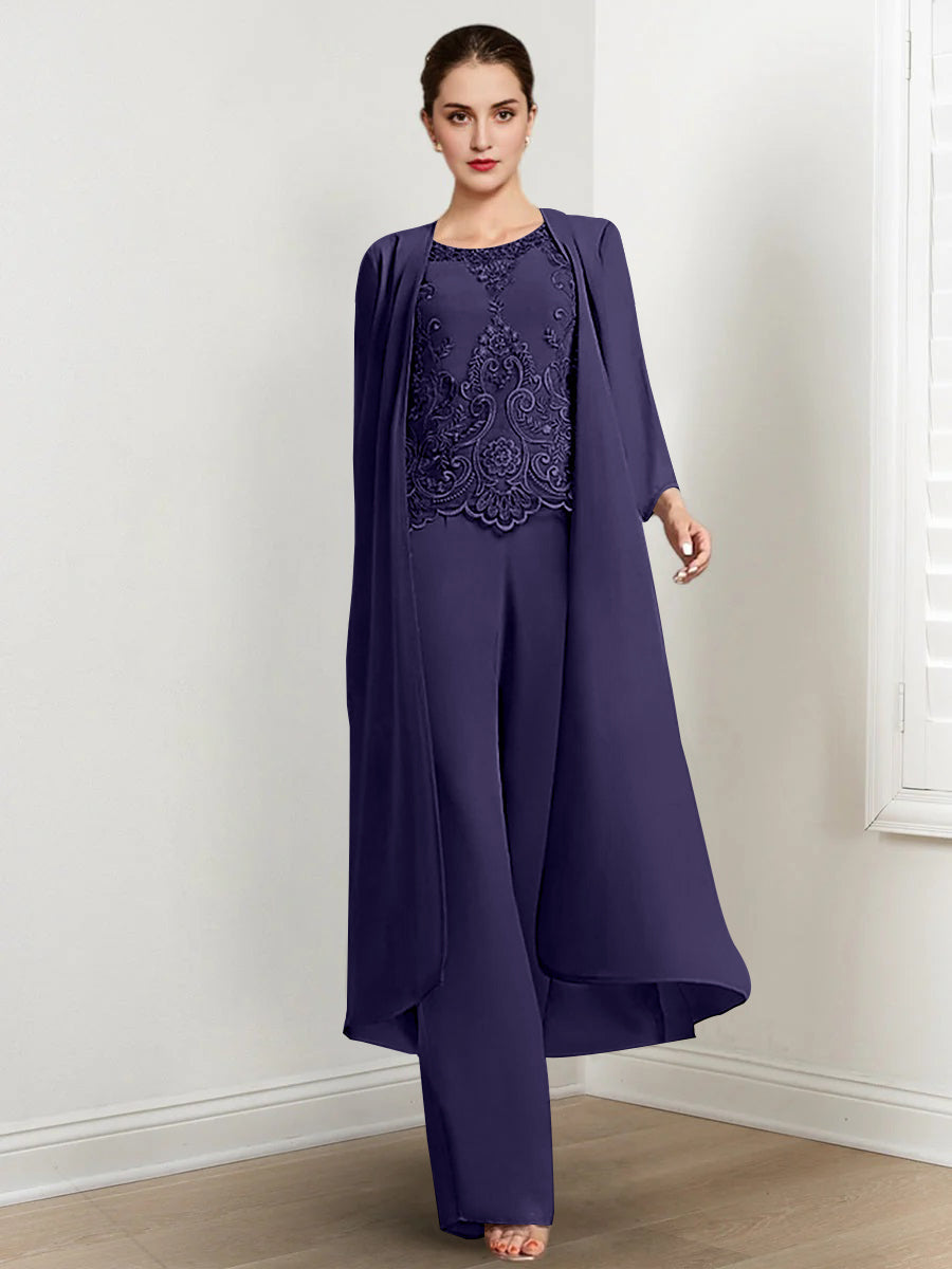 Floor Length Chiffon Pantsuit For Mother Of The Bride With Jacket And Applique