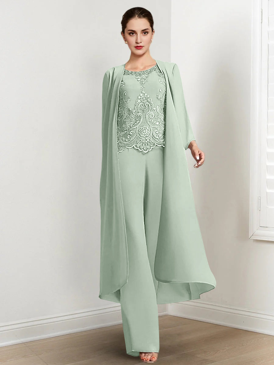 Floor Length Chiffon Pantsuit For Mother Of The Bride With Jacket And Applique