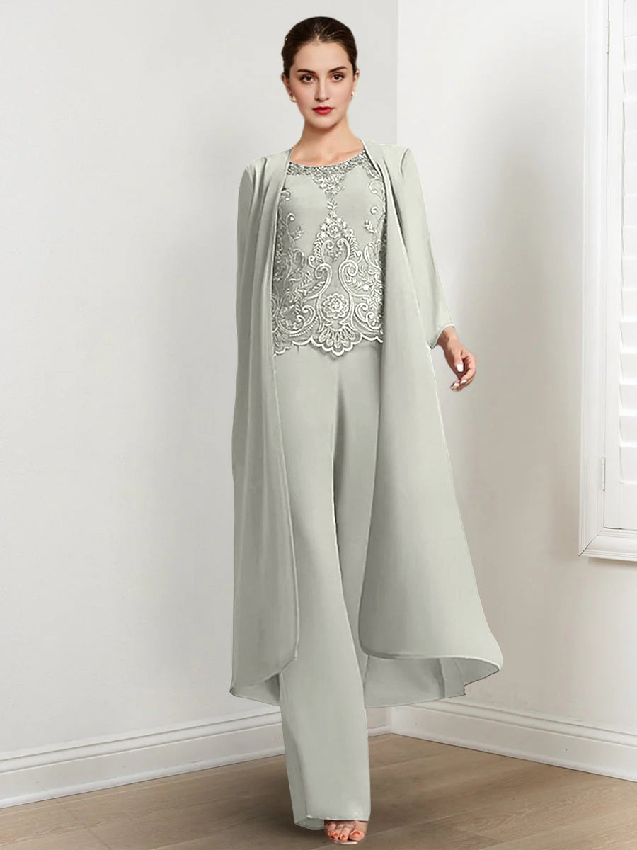 Floor Length Chiffon Pantsuit For Mother Of The Bride With Jacket And Applique