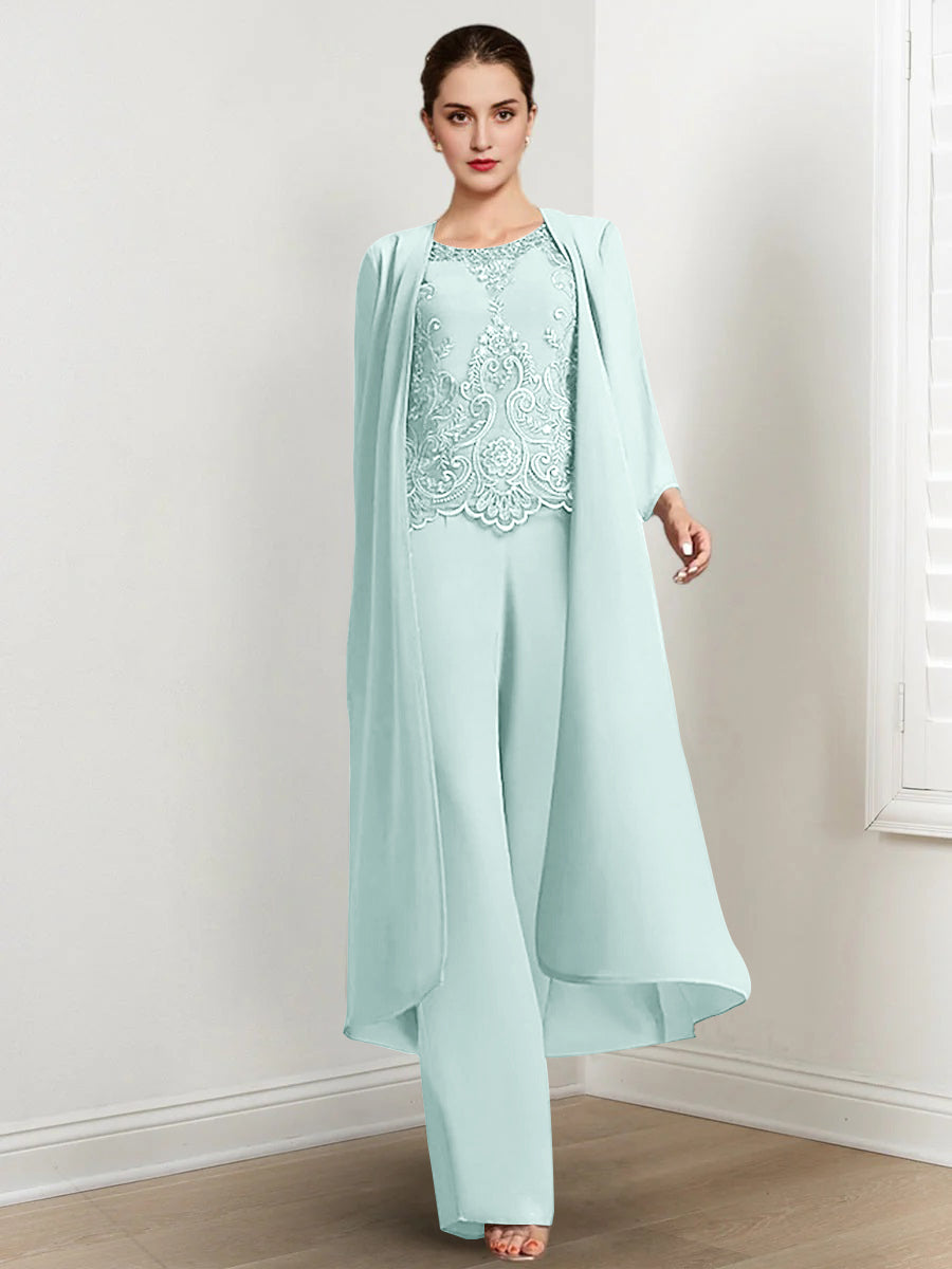 Floor Length Chiffon Pantsuit For Mother Of The Bride With Jacket And Applique