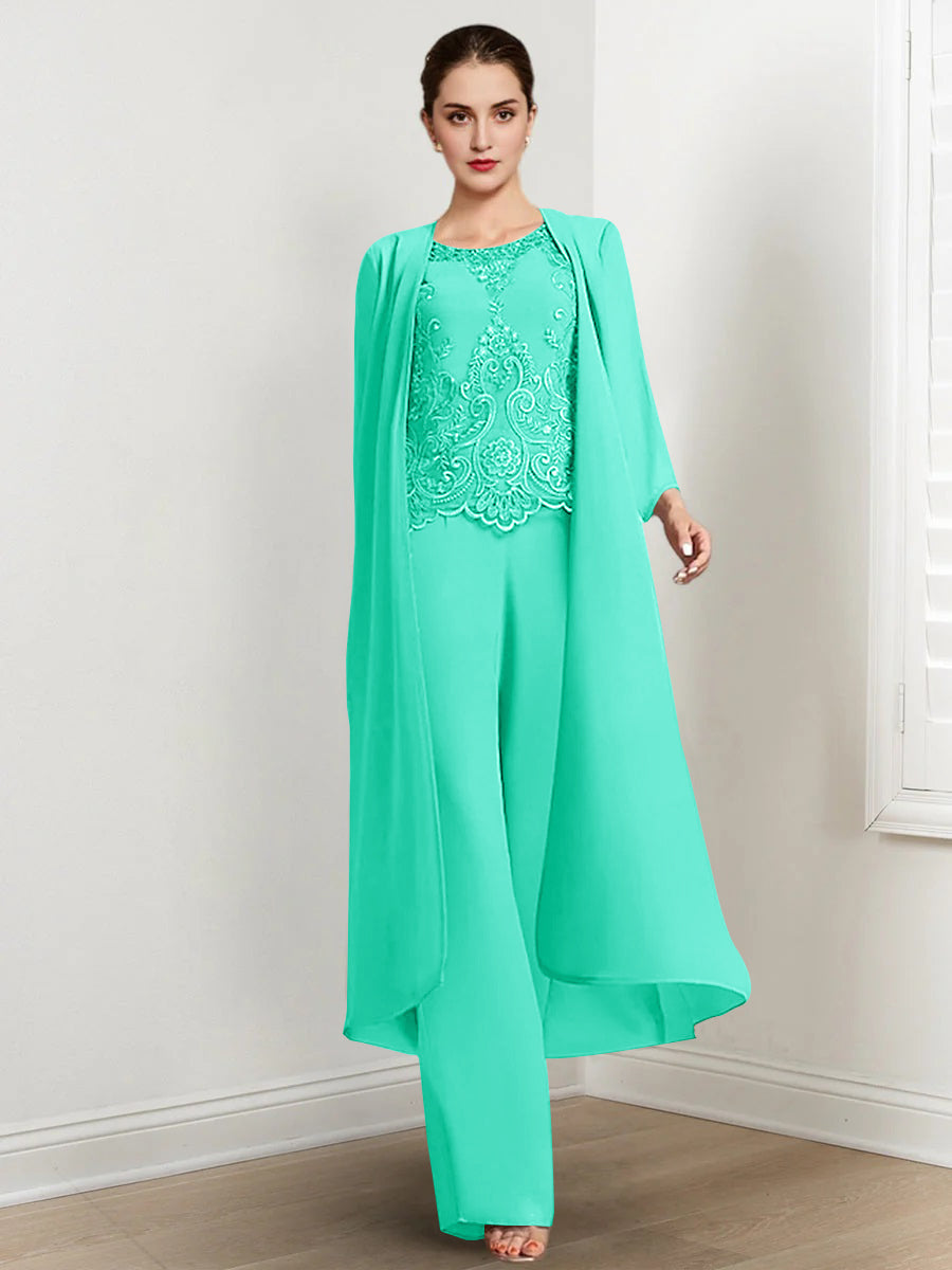 Floor Length Chiffon Pantsuit For Mother Of The Bride With Jacket And Applique
