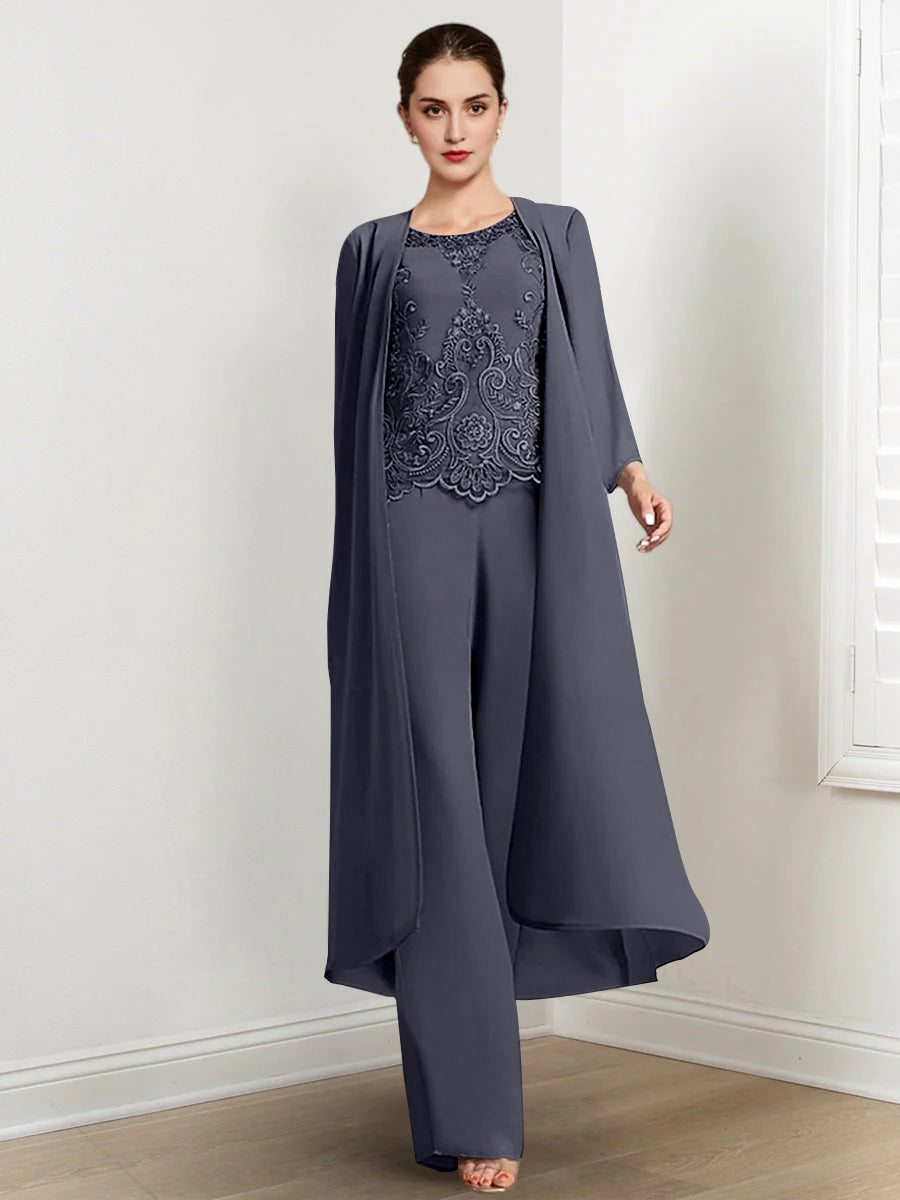 Floor Length Chiffon Pantsuit For Mother Of The Bride With Jacket And Applique