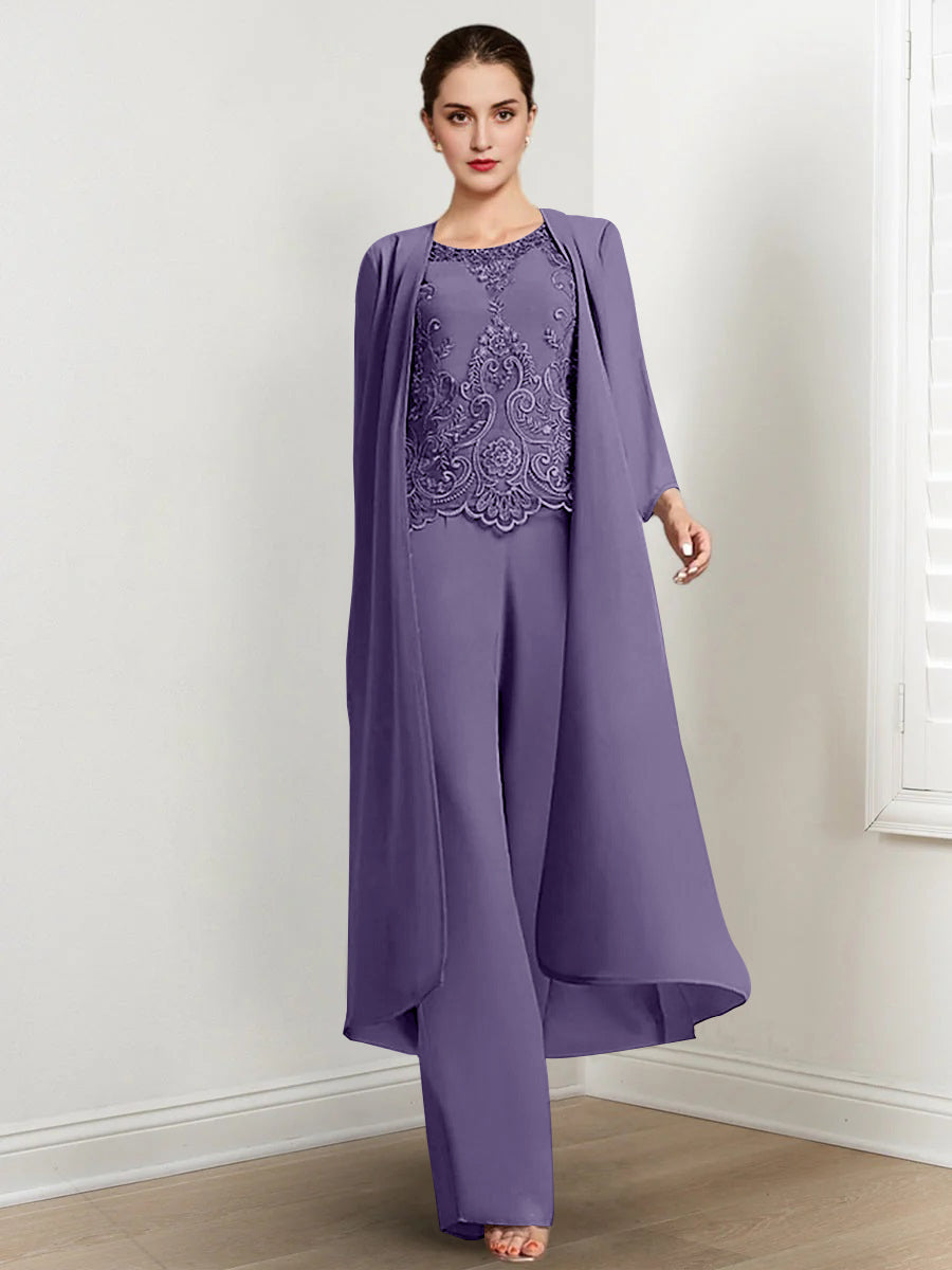 Floor Length Chiffon Pantsuit For Mother Of The Bride With Jacket And Applique