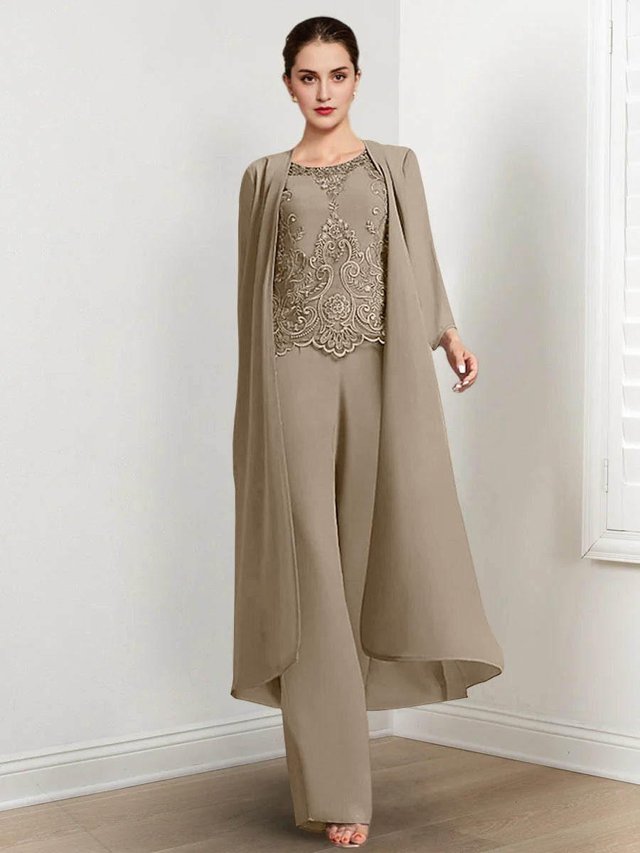 Floor Length Chiffon Pantsuit For Mother Of The Bride With Jacket And Applique