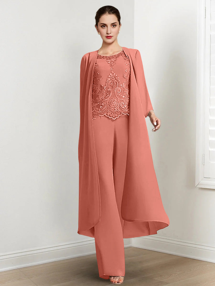 Floor Length Chiffon Pantsuit For Mother Of The Bride With Jacket And Applique
