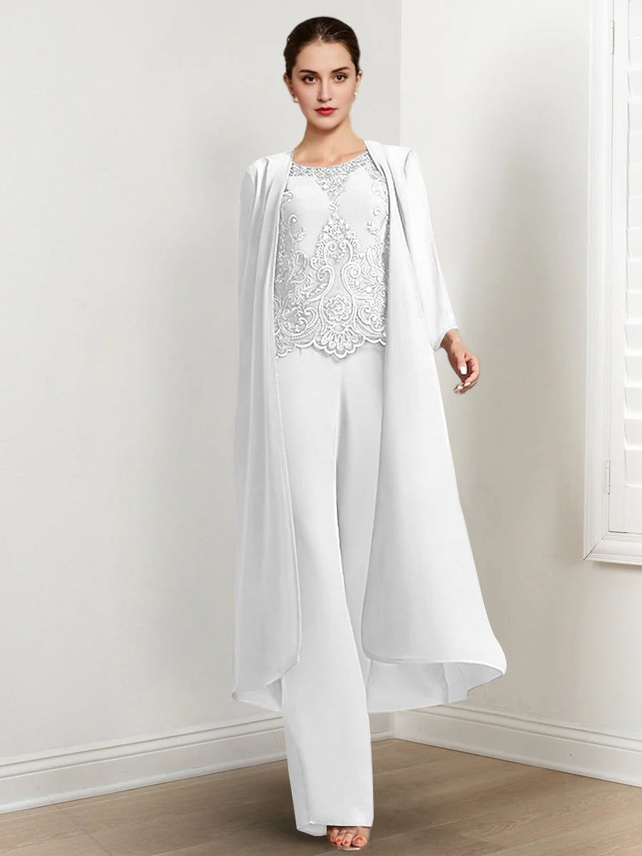 Floor Length Chiffon Pantsuit For Mother Of The Bride With Jacket And Applique