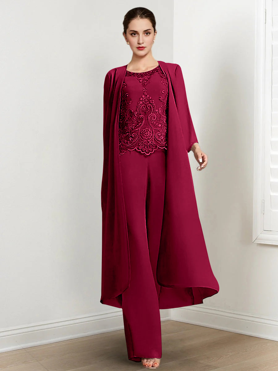 Floor Length Chiffon Pantsuit For Mother Of The Bride With Jacket And Applique