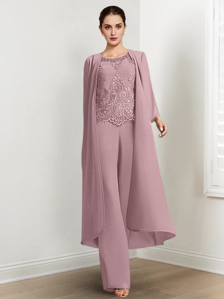 Floor Length Chiffon Pantsuit For Mother Of The Bride With Jacket And Applique