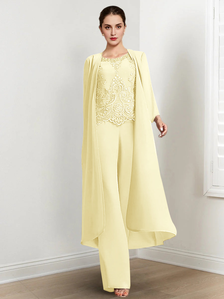 Floor Length Chiffon Pantsuit For Mother Of The Bride With Jacket And Applique