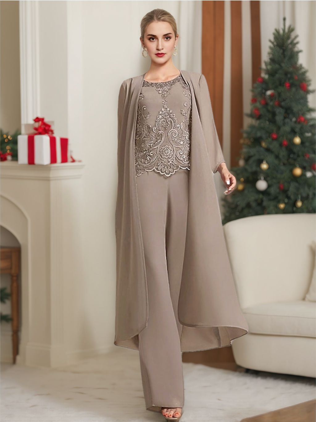 Floor Length Chiffon Pantsuit For Mother Of The Bride With Jacket And Applique