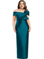 Plus Size One-Shoulder Floor Length Mother Of The Bride Sheath Dress With Bow