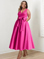 Plus Size V Neck Sleeveless A Line Mother Of Bride Dress With Pockets And Ruffles