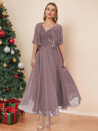V-Neck A-Line Princess Tea-Length Dress for Mother of the Bride