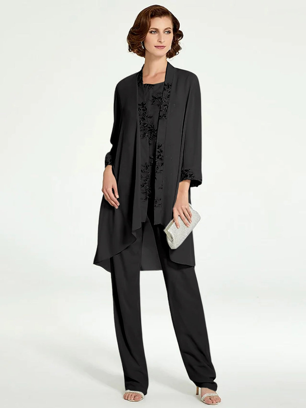Floor Length Round Neck Chiffon Pantsuits With Jacket For Mother Of The Bride