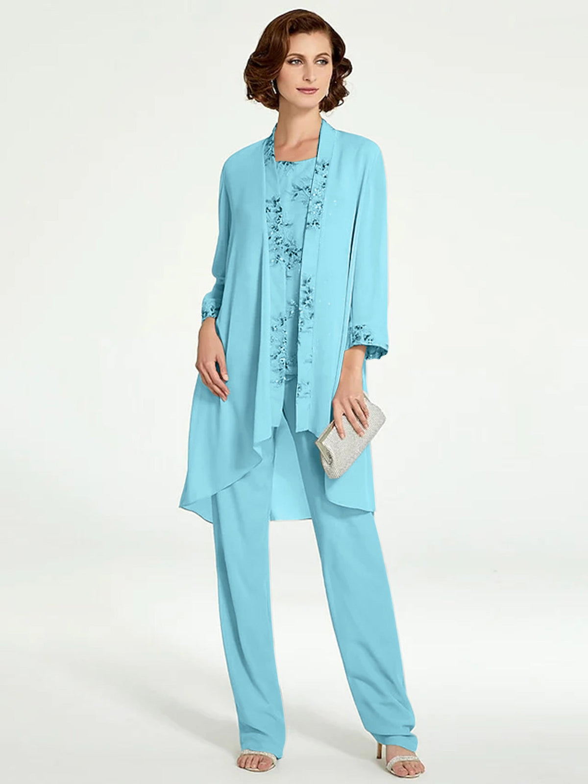 Floor Length Round Neck Chiffon Pantsuits With Jacket For Mother Of The Bride