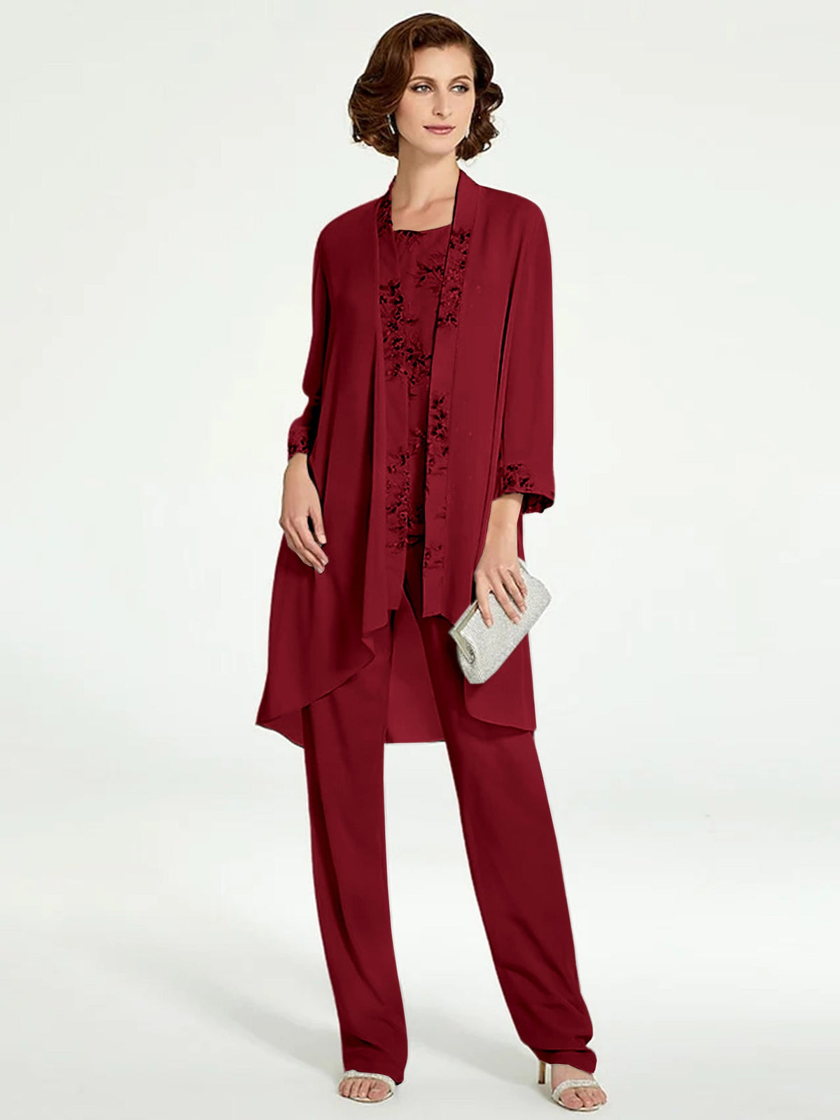 Floor Length Round Neck Chiffon Pantsuits With Jacket For Mother Of The Bride