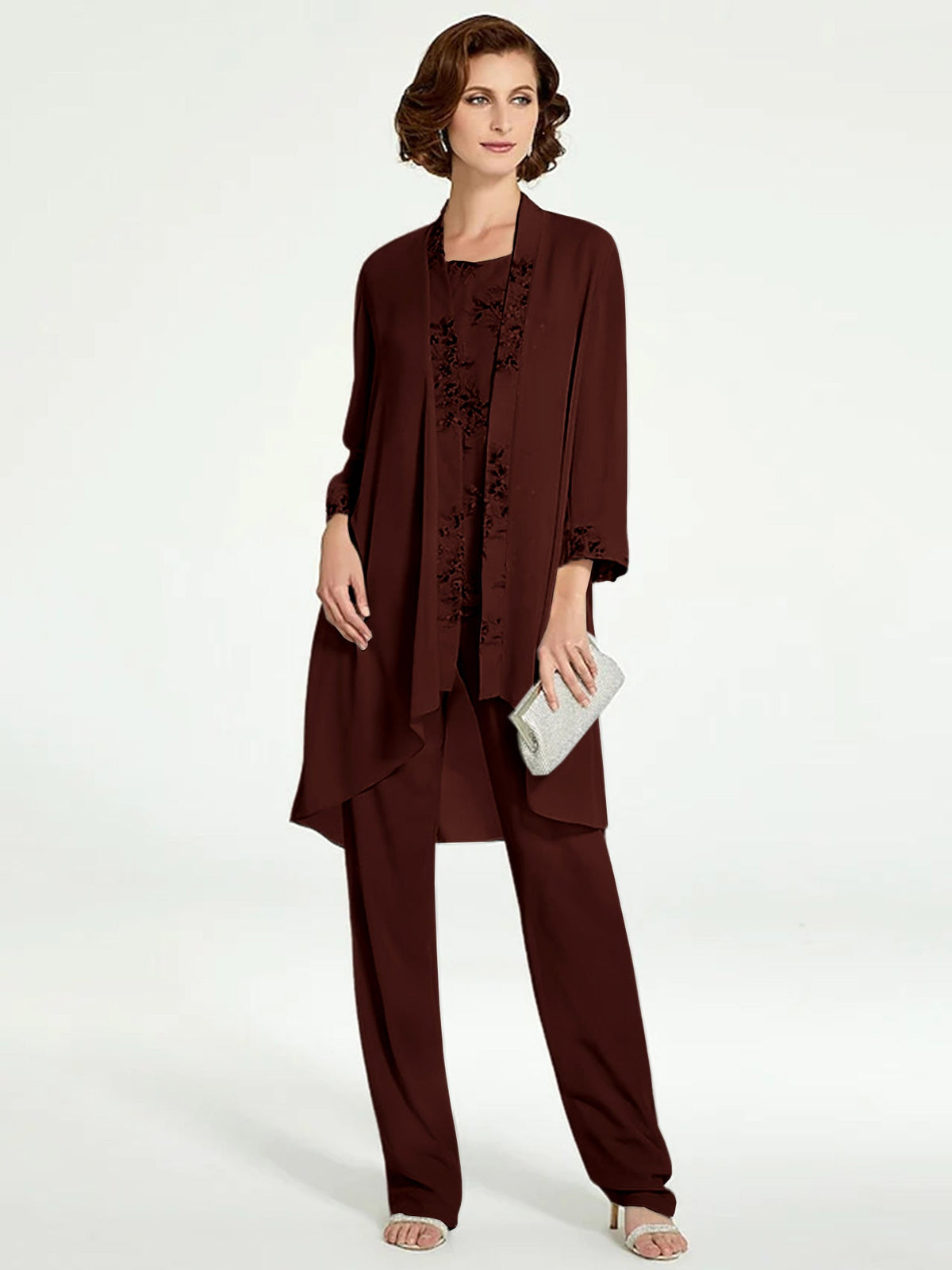 Floor Length Round Neck Chiffon Pantsuits With Jacket For Mother Of The Bride