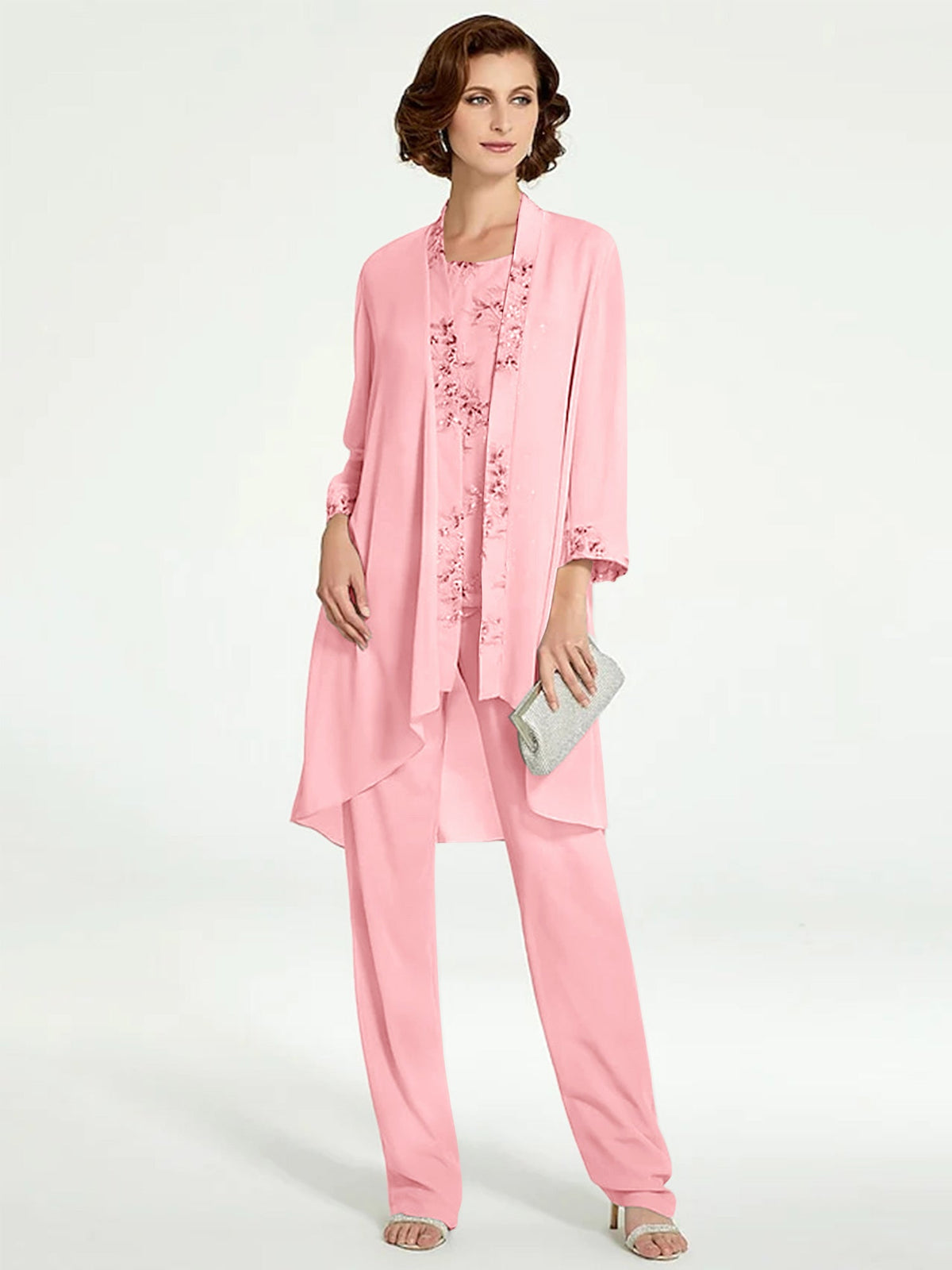 Floor Length Round Neck Chiffon Pantsuits With Jacket For Mother Of The Bride