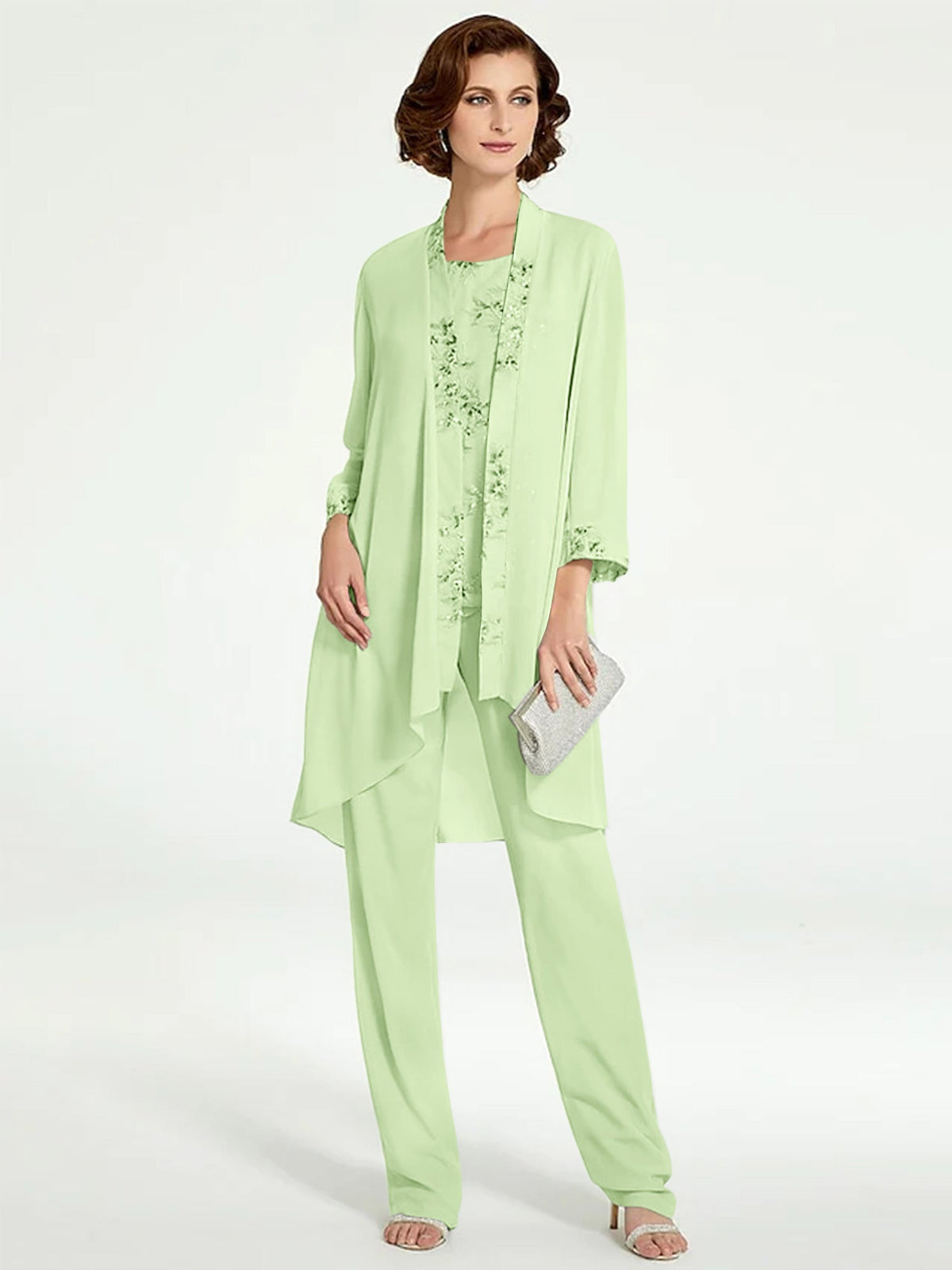Floor Length Round Neck Chiffon Pantsuits With Jacket For Mother Of The Bride
