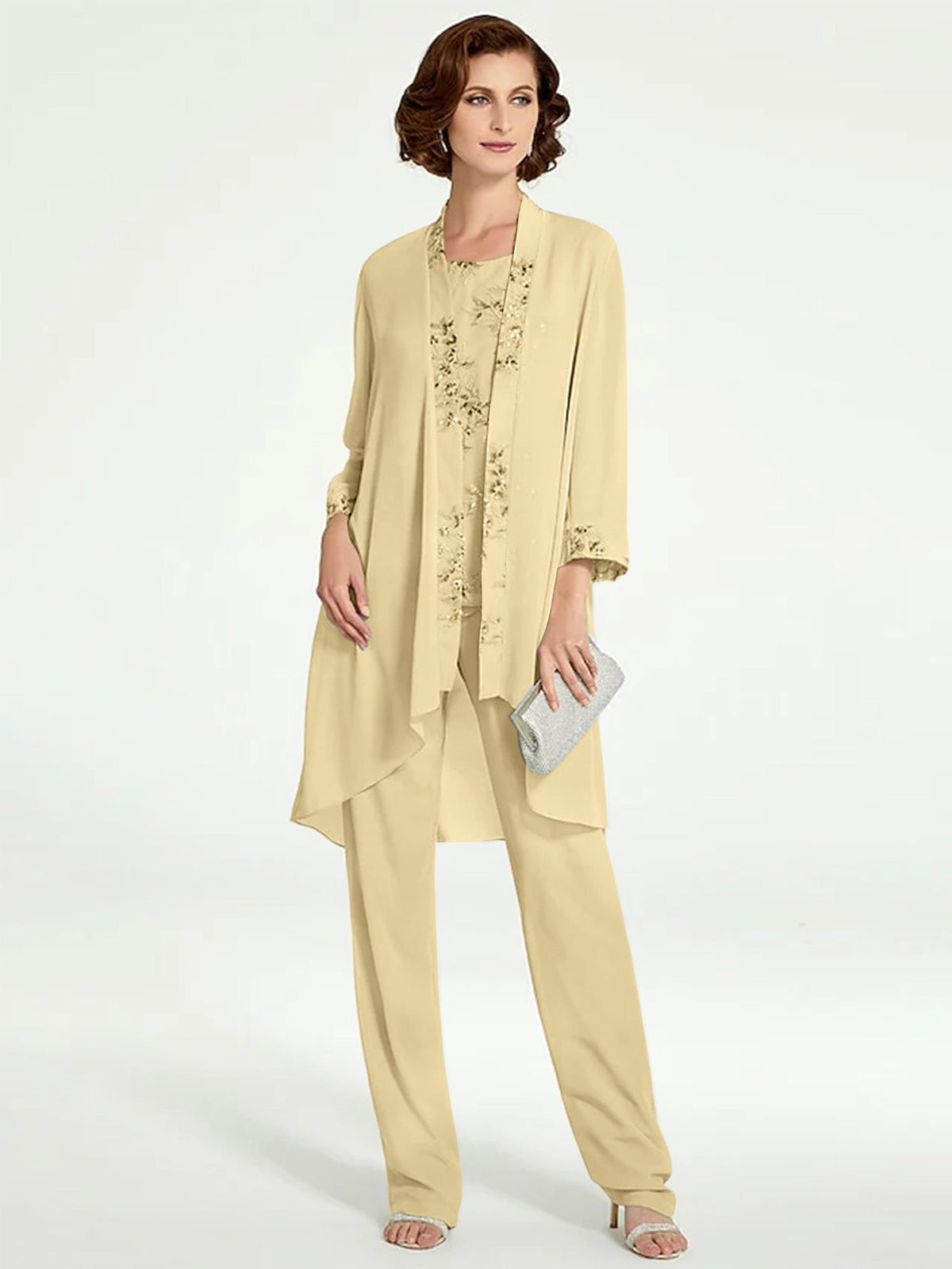 Floor Length Round Neck Chiffon Pantsuits With Jacket For Mother Of The Bride