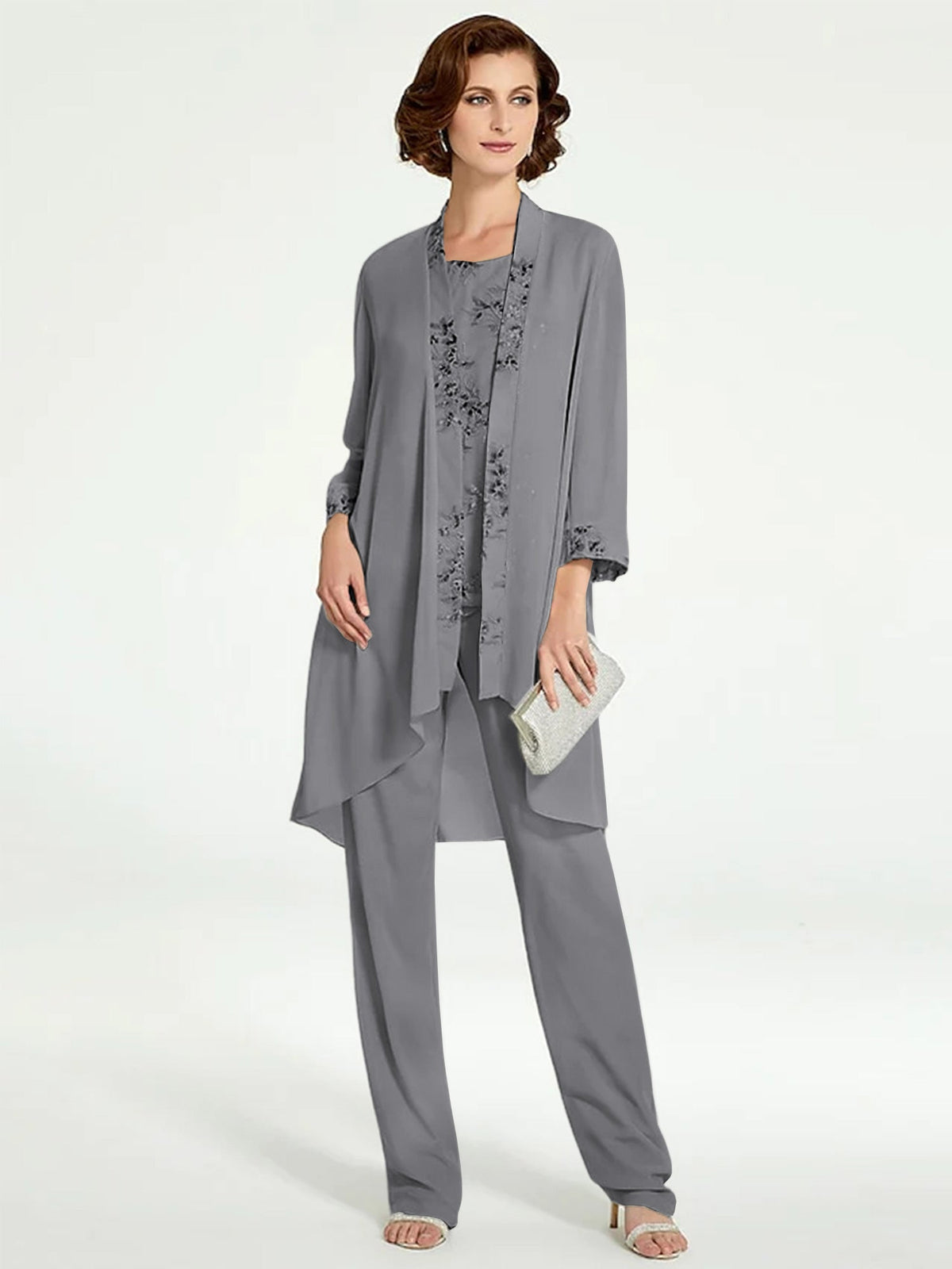 Floor Length Round Neck Chiffon Pantsuits With Jacket For Mother Of The Bride