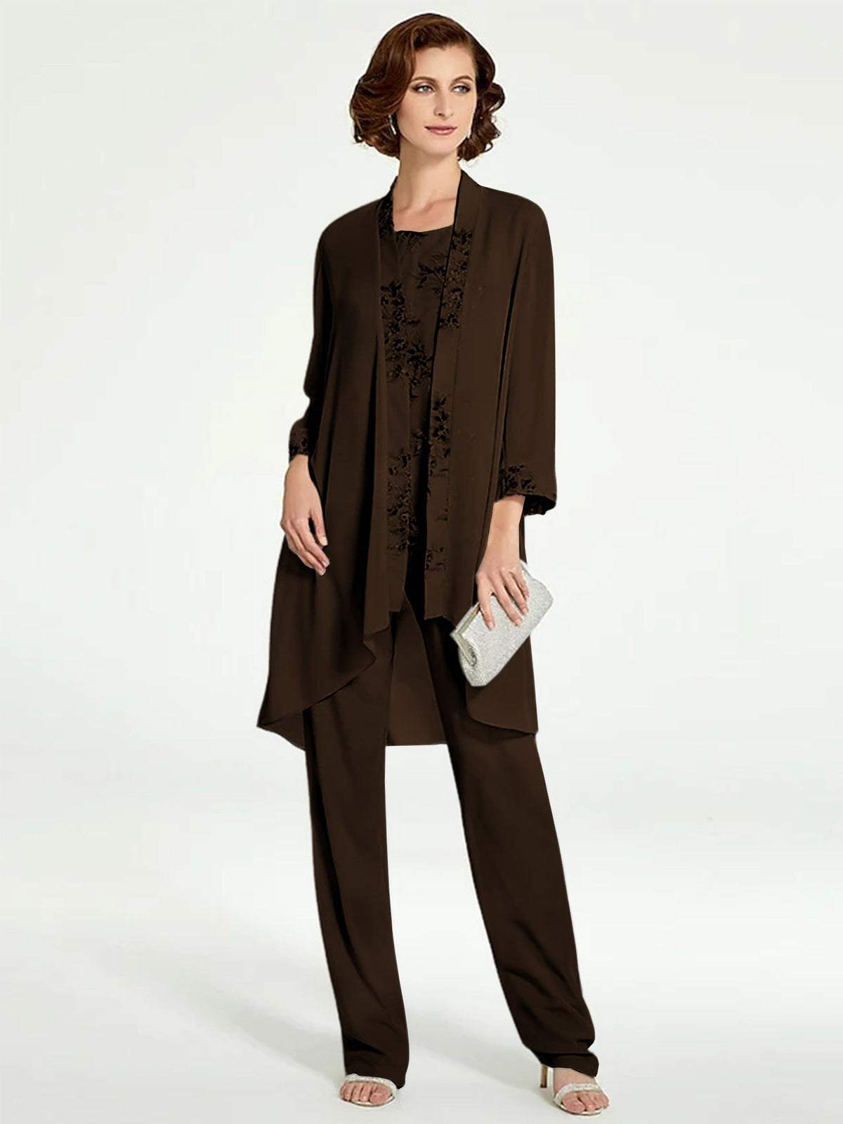 Floor Length Round Neck Chiffon Pantsuits With Jacket For Mother Of The Bride