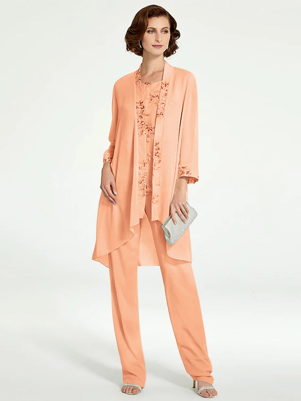 Floor Length Round Neck Chiffon Pantsuits With Jacket For Mother Of The Bride