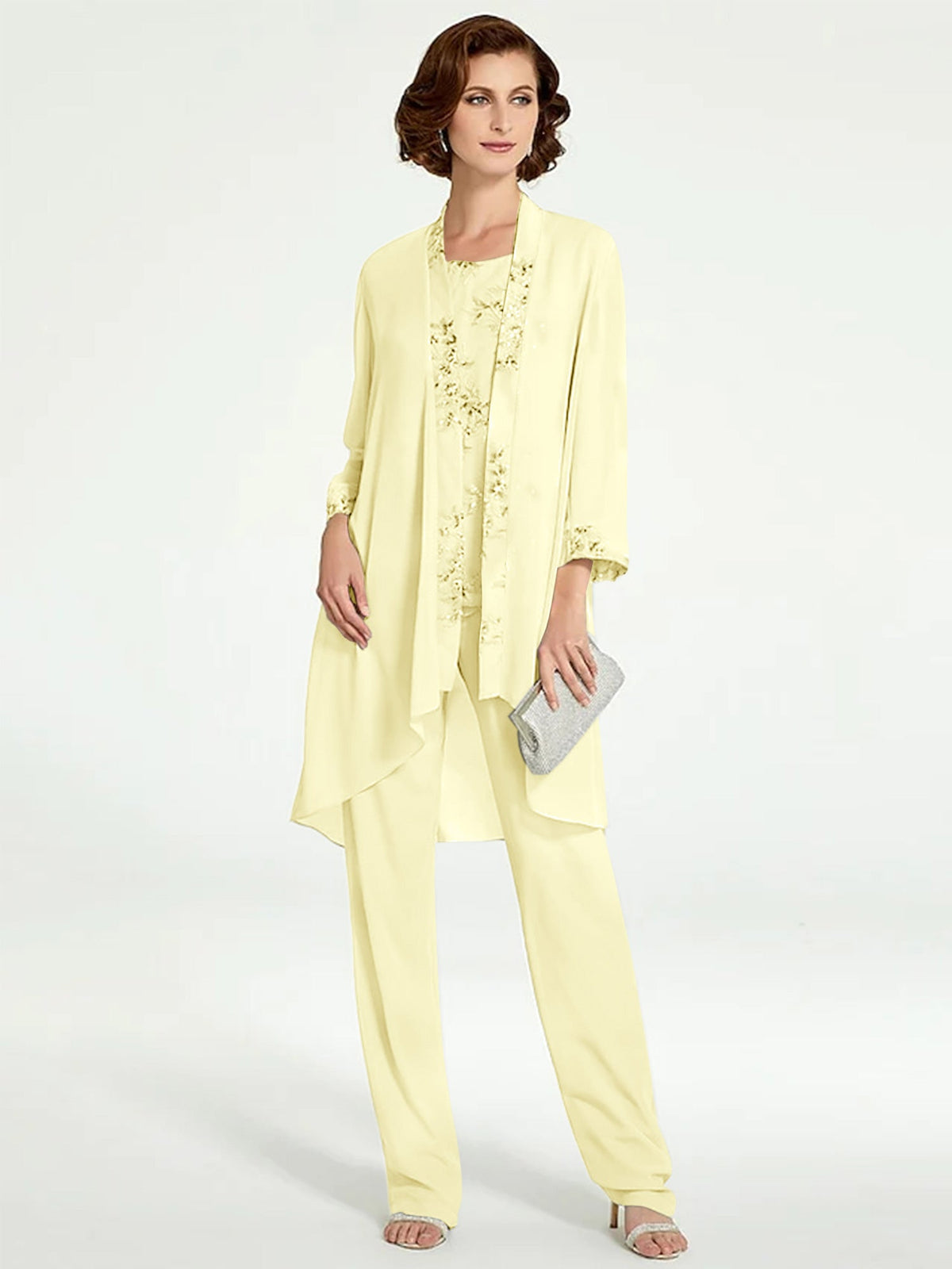 Floor Length Round Neck Chiffon Pantsuits With Jacket For Mother Of The Bride