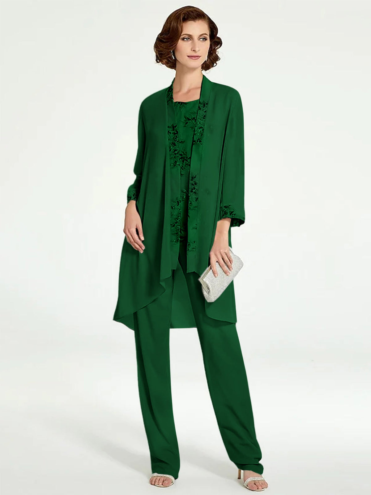 Floor Length Round Neck Chiffon Pantsuits With Jacket For Mother Of The Bride