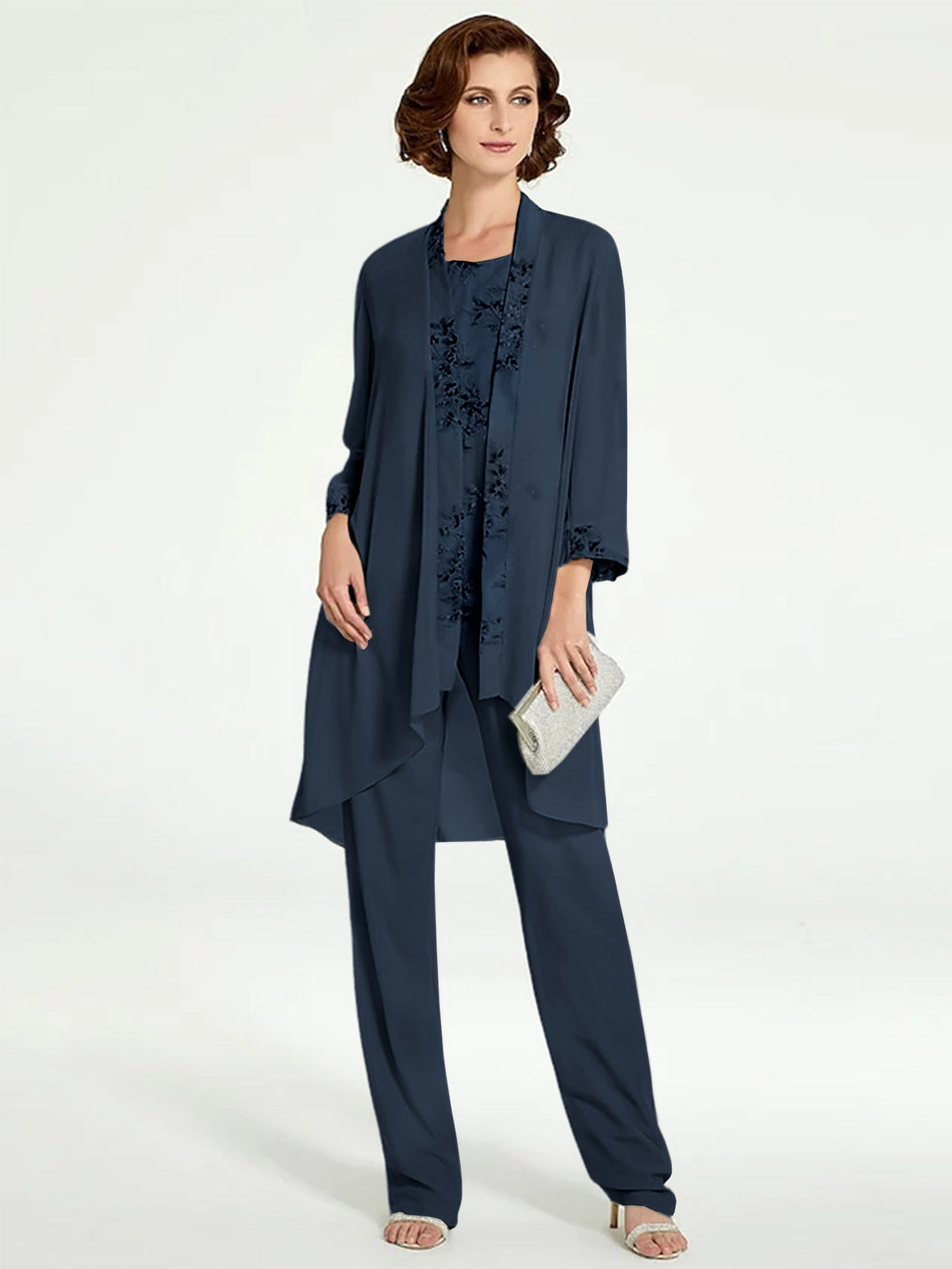 Floor Length Round Neck Chiffon Pantsuits With Jacket For Mother Of The Bride