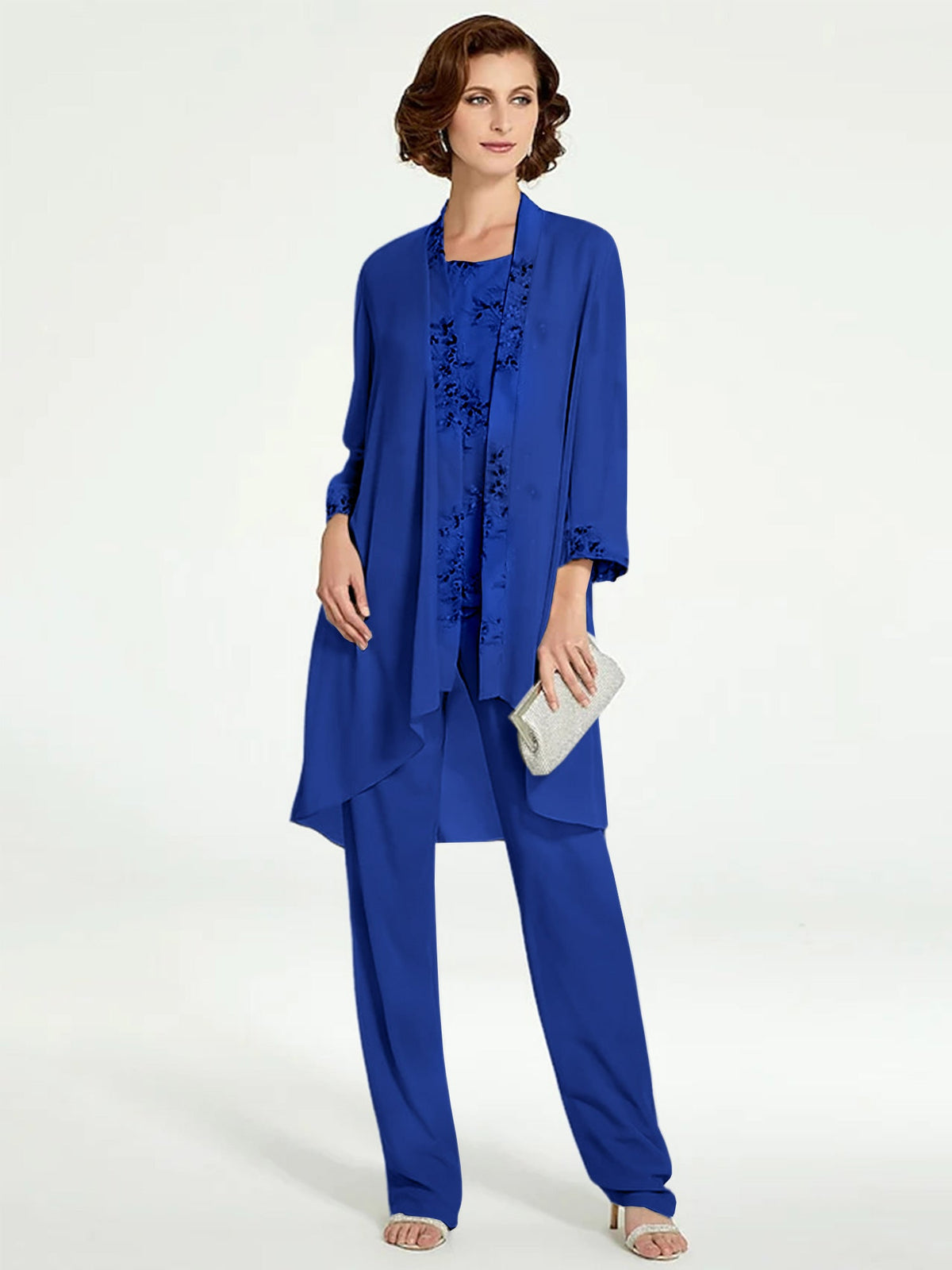 Floor Length Round Neck Chiffon Pantsuits With Jacket For Mother Of The Bride