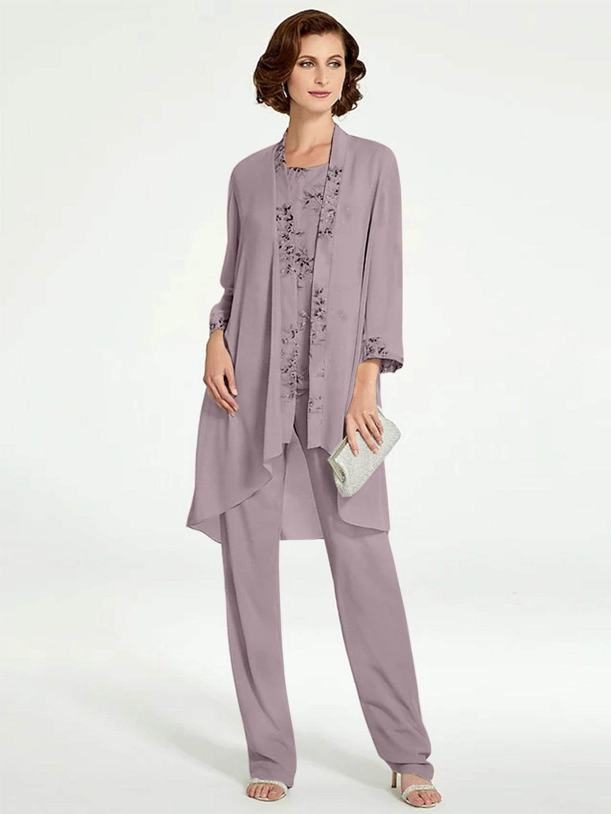 Floor Length Round Neck Chiffon Pantsuits With Jacket For Mother Of The Bride