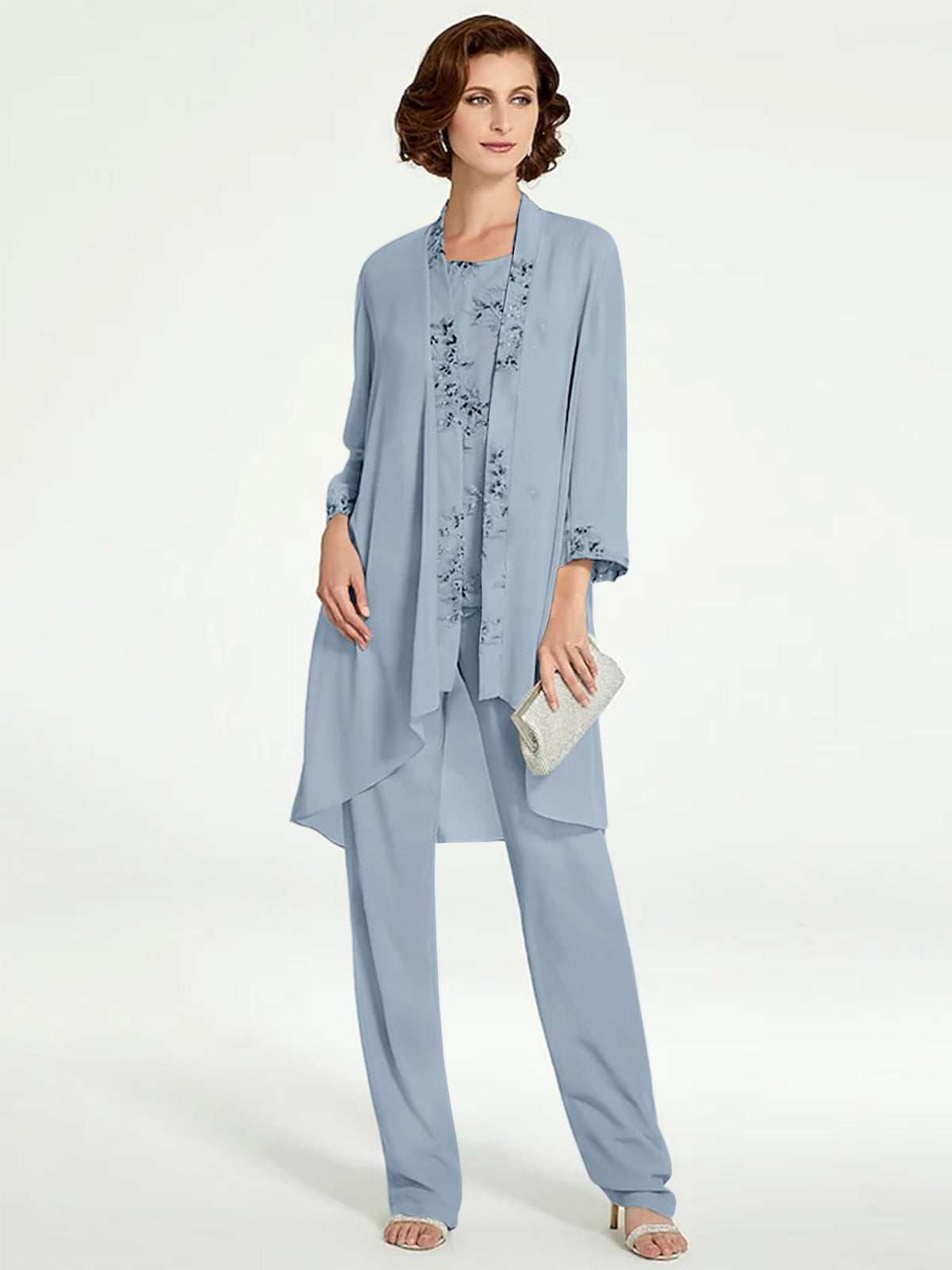 Floor Length Round Neck Chiffon Pantsuits With Jacket For Mother Of The Bride