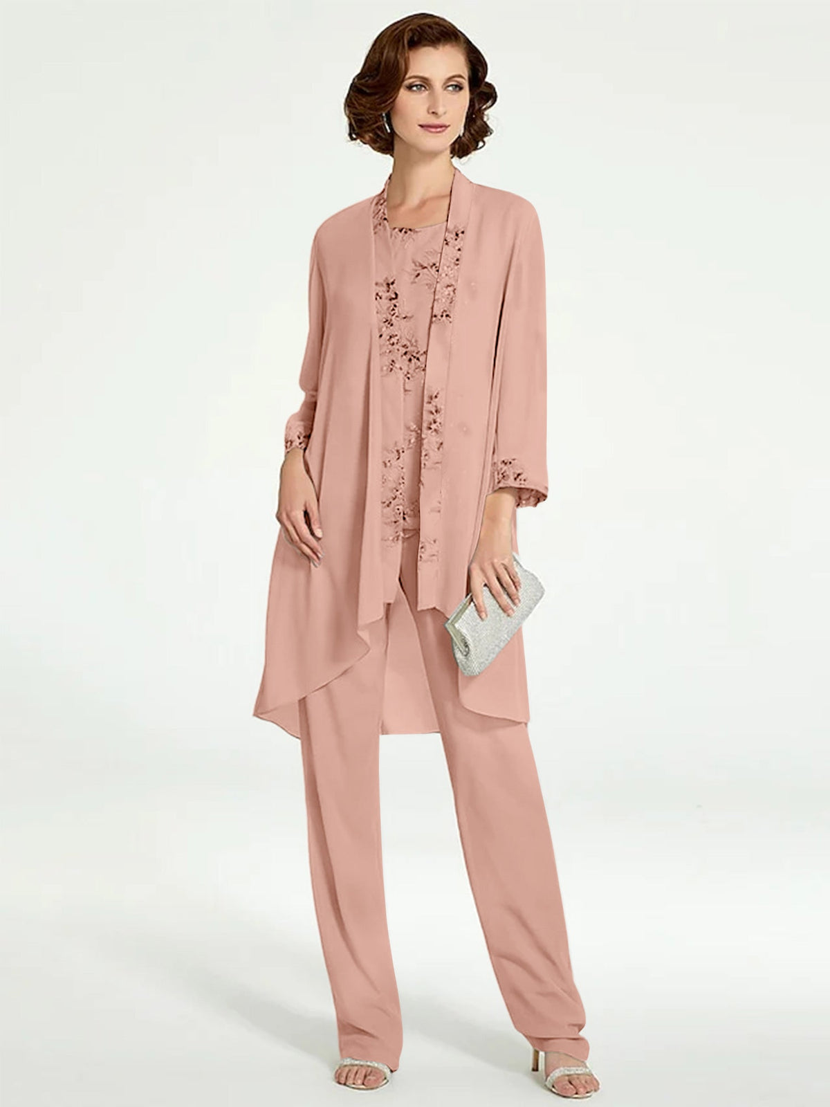 Floor Length Round Neck Chiffon Pantsuits With Jacket For Mother Of The Bride