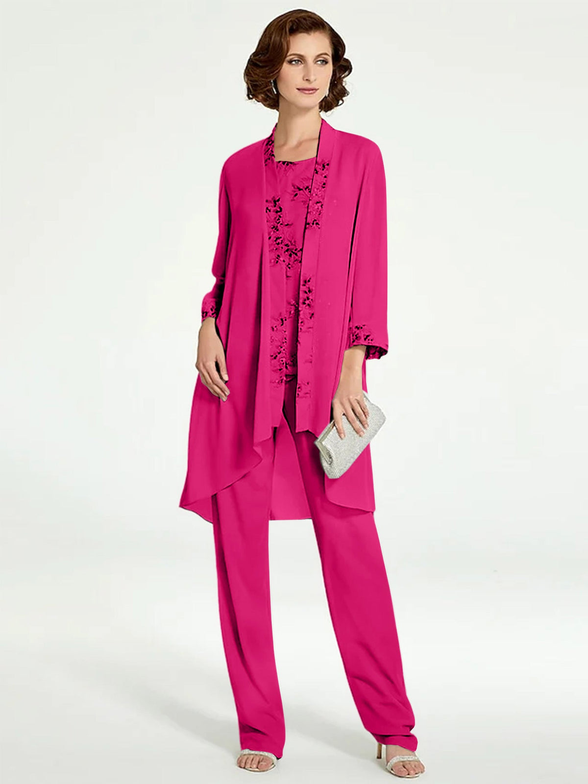 Floor Length Round Neck Chiffon Pantsuits With Jacket For Mother Of The Bride