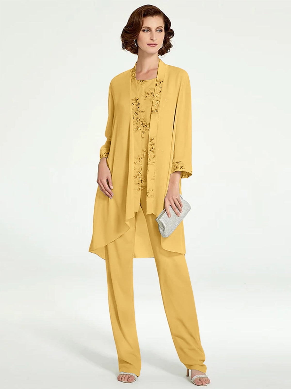 Floor Length Round Neck Chiffon Pantsuits With Jacket For Mother Of The Bride