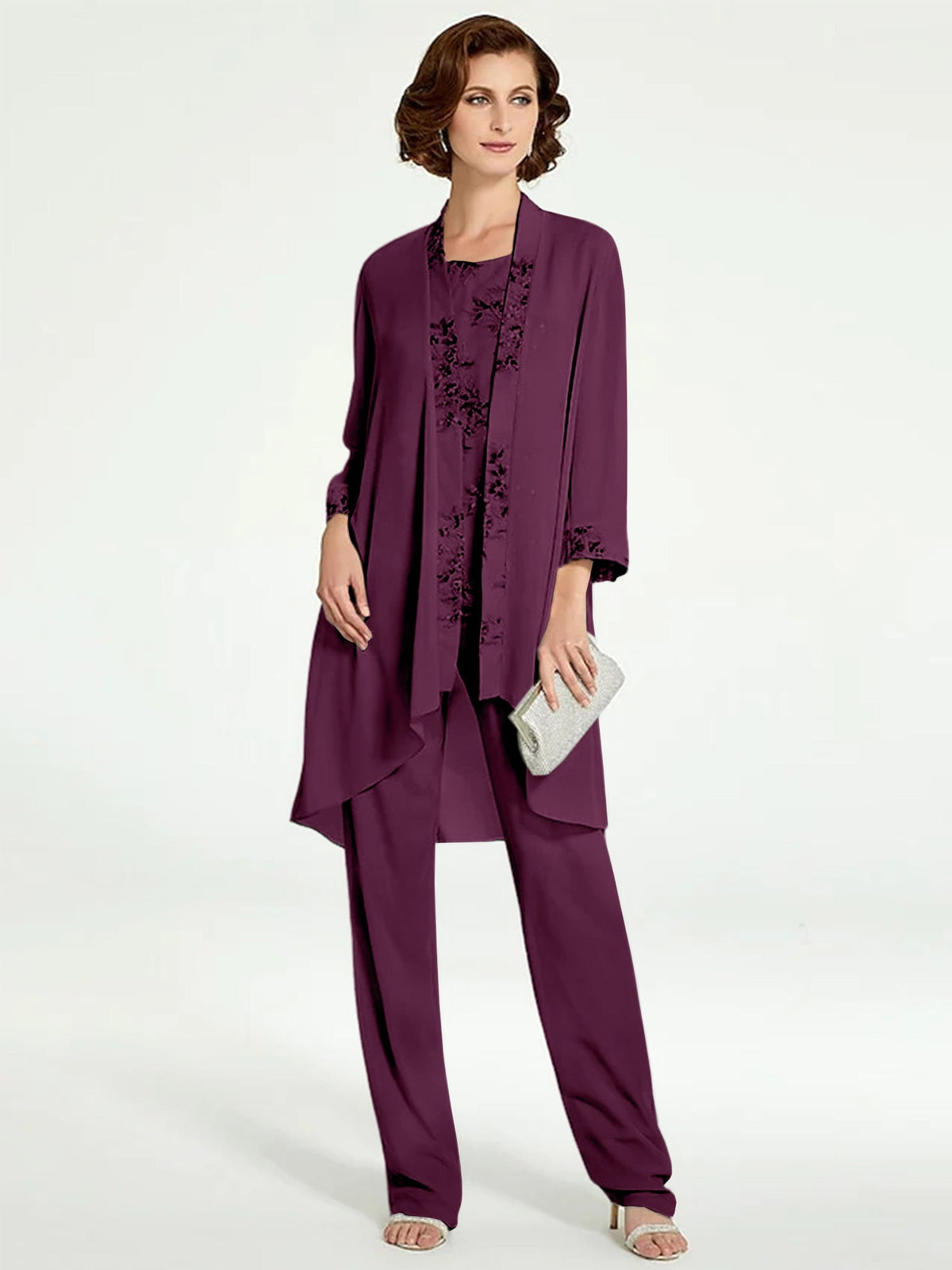 Floor Length Round Neck Chiffon Pantsuits With Jacket For Mother Of The Bride